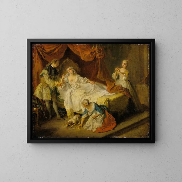 Il piccolo cane che scuote denaro e pietre preziose - Nicolas Lancret — quadro incorniciato alla parete