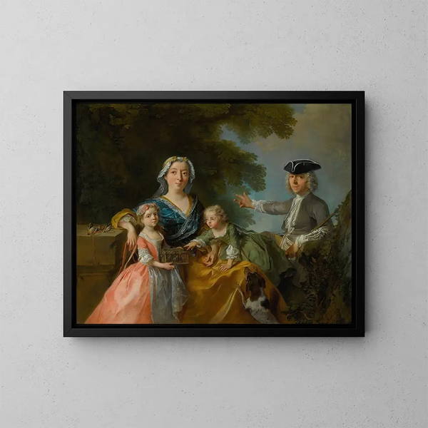 Ritratto di una famiglia tradizionalmente identificata come M. e Mme Saint-Martin con i loro due figli in un paesaggio - Nicolas Lancret — quadro incorniciato alla parete