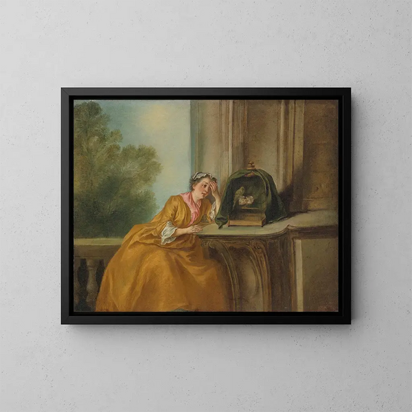 L'uccello in gabbia - Nicolas Lancret — quadro incorniciato alla parete