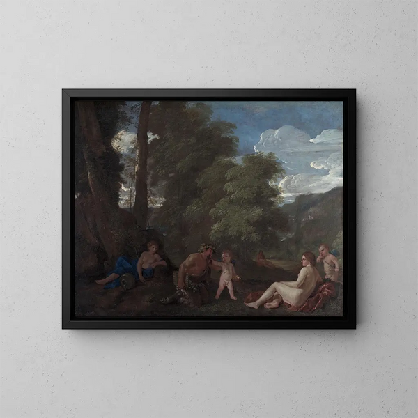 Nymphe e satiro, l'amore trionfa su tutto - Nicolas Poussin — quadro incorniciato alla parete
