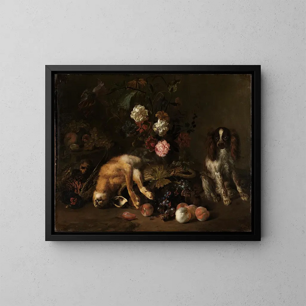 Natura morta con selvaggina, fiori, frutta e un epagneul - Nicolas de Largillière — quadro incorniciato alla parete