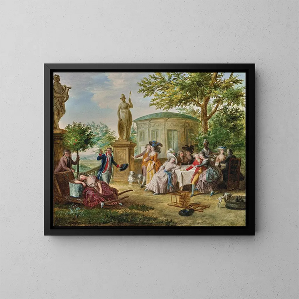 Figure eleganti che cenano in un giardino classico - Niklas Lafrensen — quadro incorniciato alla parete