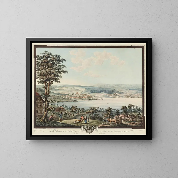 Vista del Castello e della Città di Cerlier e di Neuville con i dintorni sul Lago di Bienne - Niklaus Sprüngli — quadro incorniciato alla parete