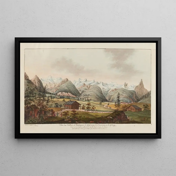 Vista delle valli e delle montagne di Gessenay di Lauwenen e di Gsteig da cui si vede il famoso ghiacciaio di Guelte nel cantone di Berna - Niklaus Sprüngli — quadro incorniciato alla parete