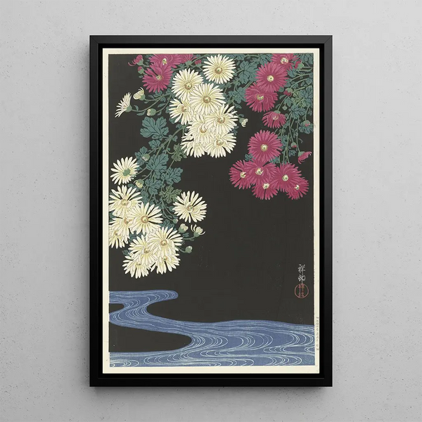 Chrysanthèmes et acqua corrente - Ohara Koson — quadro incorniciato alla parete
