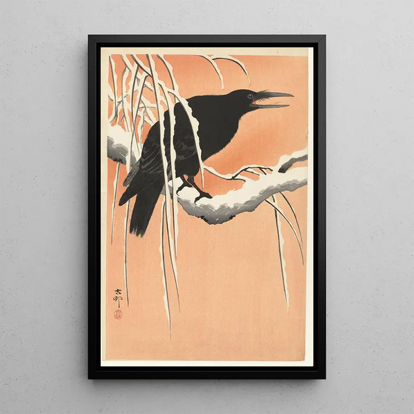 Corvo su ramo innevato - Ohara Koson — quadro incorniciato alla parete