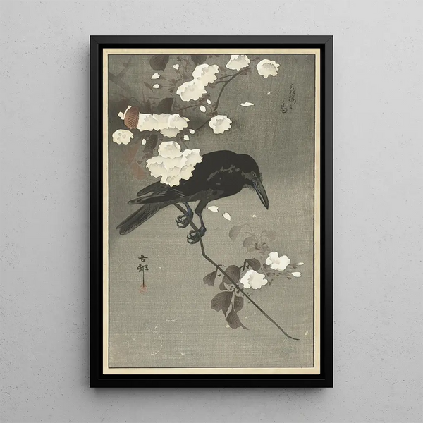 Corbeau con fiore di ciliegio - Ohara Koson — quadro incorniciato alla parete