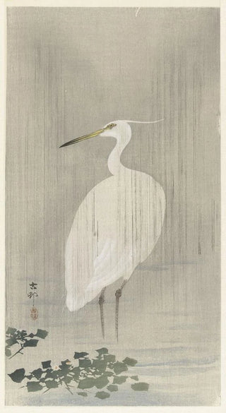 Ohara Koson - Egret in rain.webp