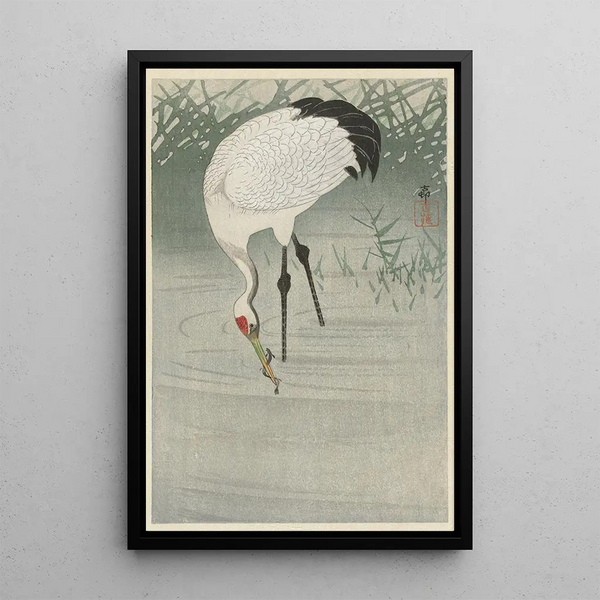 Grue pêchant dans l'acqua poco profonda - Ohara Koson — quadro incorniciato alla parete