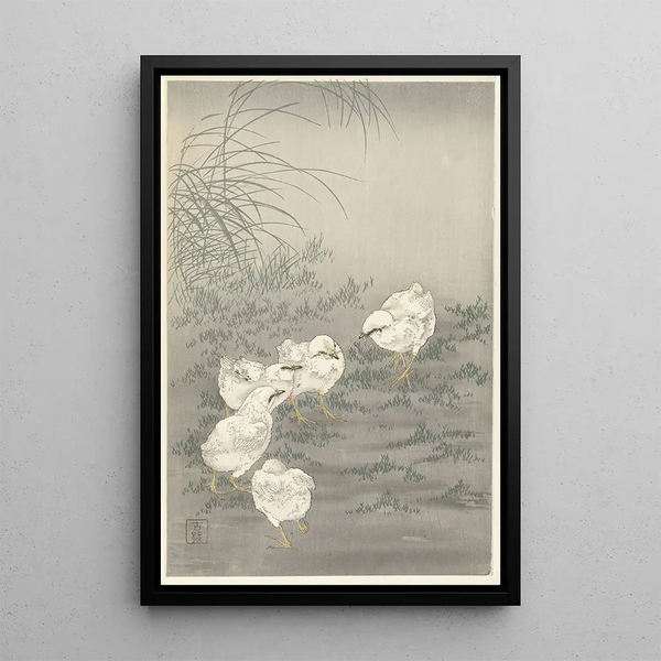 Cinq poussins - Ohara Koson — quadro incorniciato alla parete
