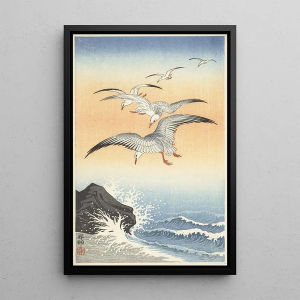 Cinq gabbiani sopra il mare agitato - Ohara Koson — quadro incorniciato alla parete