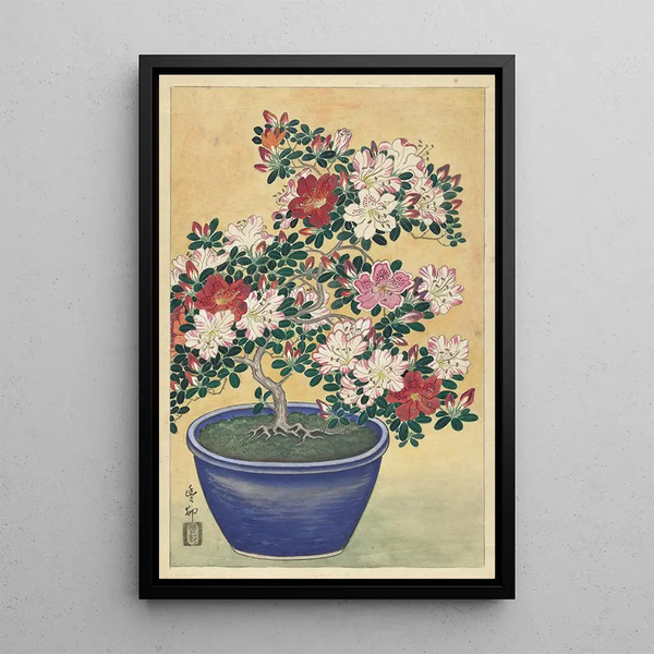 Azalée in fiore in un vaso blu - Ohara Koson — quadro incorniciato alla parete