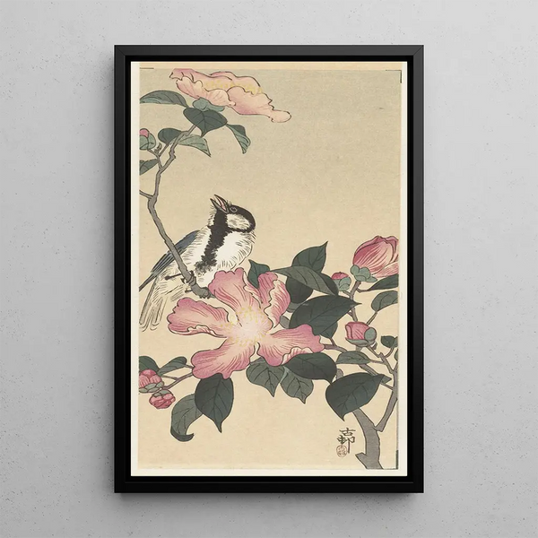 Mésange sur branche avec fleurs roses - Ohara Koson — quadro incorniciato alla parete