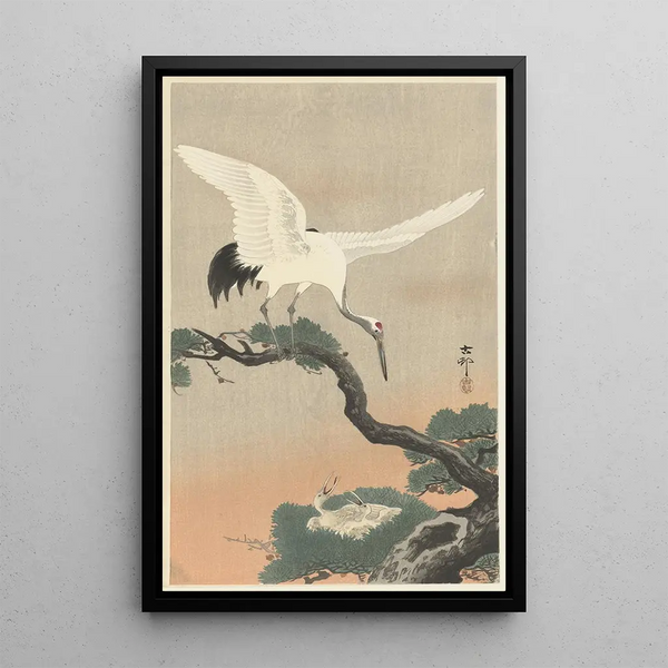 Grue giapponese su ramo di pino - Ohara Koson — quadro incorniciato alla parete
