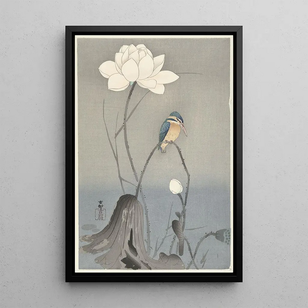 Martin-pêcheur con fiore di loto - Ohara Koson — quadro incorniciato alla parete