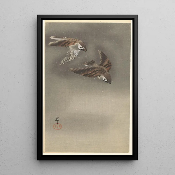 Moineaux à collier dans la neige - Ohara Koson — quadro incorniciato alla parete