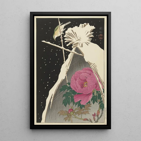 Rossignol di Siberia vicino a una peonia protetta da un mulino di fieno innevato - Ohara Koson — quadro incorniciato alla parete