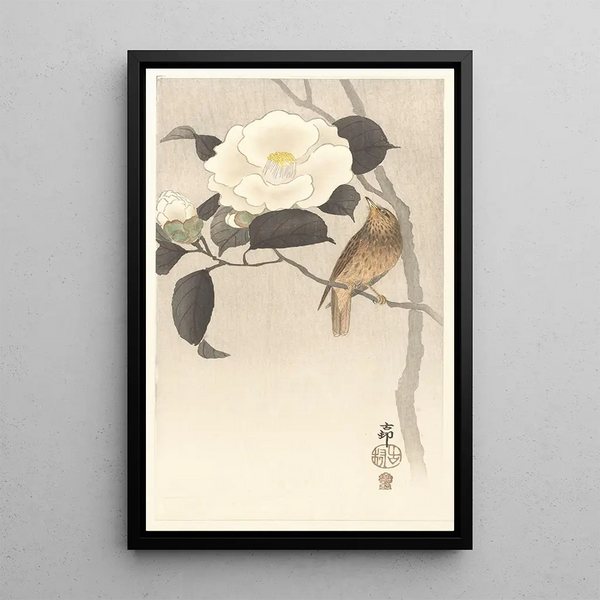 Oiseau chanteur et camélia en fleur - Ohara Koson — quadro incorniciato alla parete