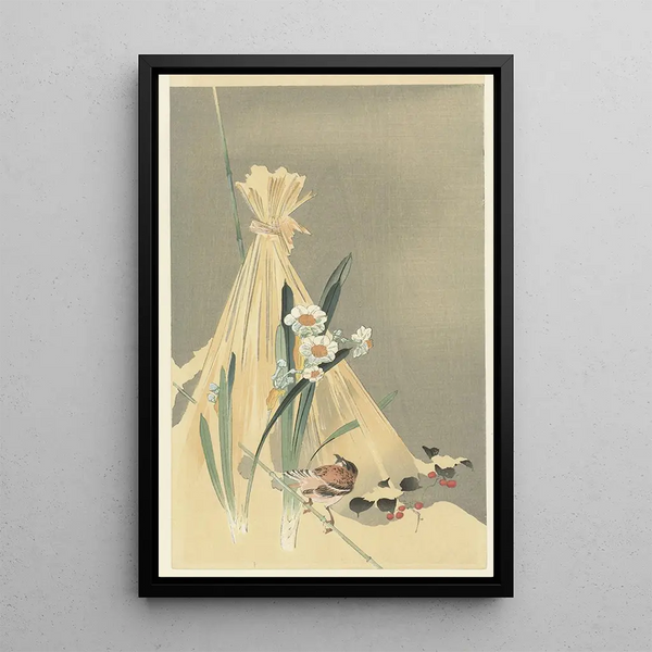 Oiseau chanteur près d'une botte di fieno - Ohara Koson — quadro incorniciato alla parete
