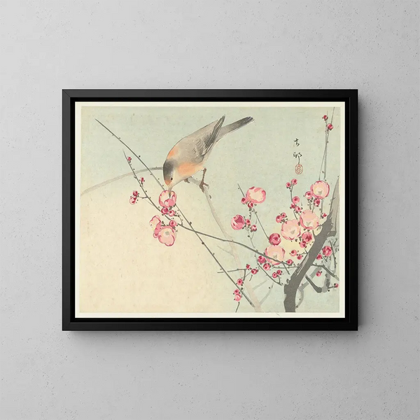 Uccello canoro su un ramo in fiore - Ohara Koson — quadro incorniciato alla parete
