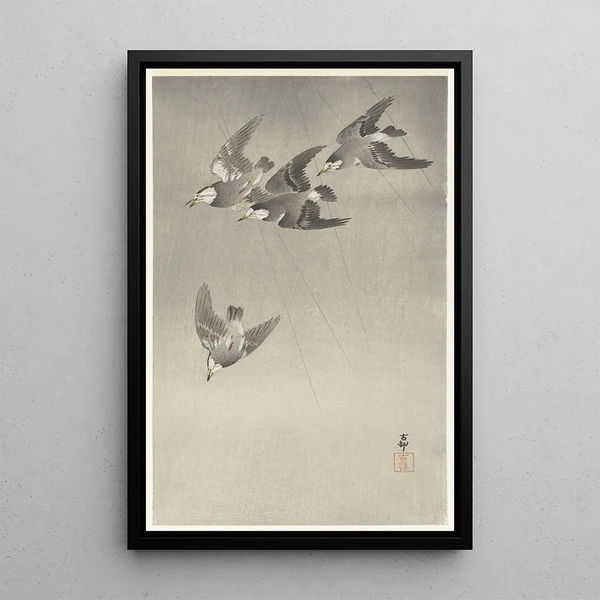 Étourneaux sous la pluie - Ohara Koson — quadro incorniciato alla parete