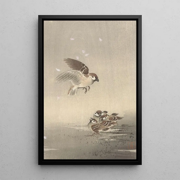 Moineau friquet avec jeune - Ohara Koson — quadro incorniciato alla parete
