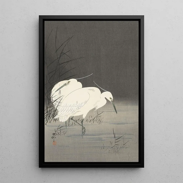 Due aironi tra le canne - Ohara Koson — quadro incorniciato alla parete