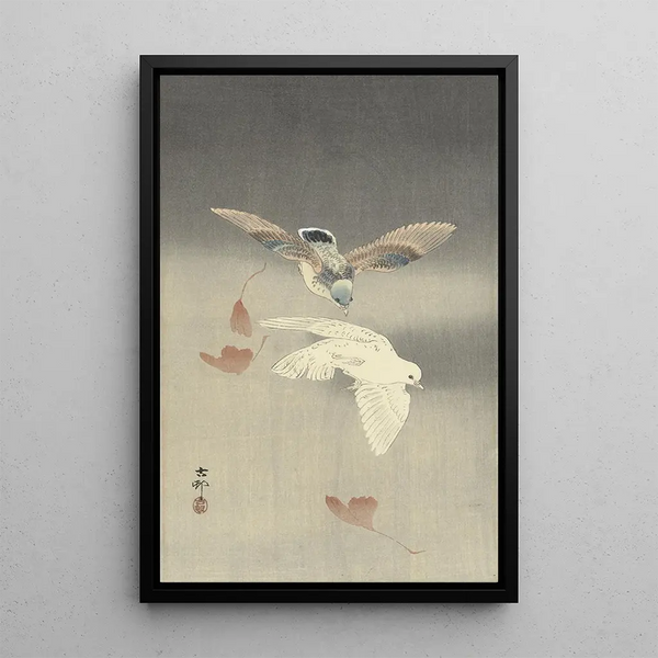 Due piccioni con foglie di ginkgo cadenti - Ohara Koson — quadro incorniciato alla parete