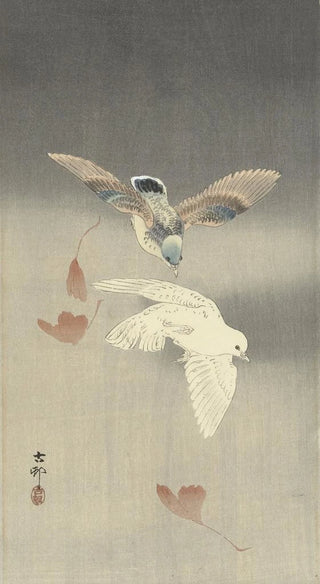 Ohara Koson - Two pigeons with falling ginkgo leaves.webp