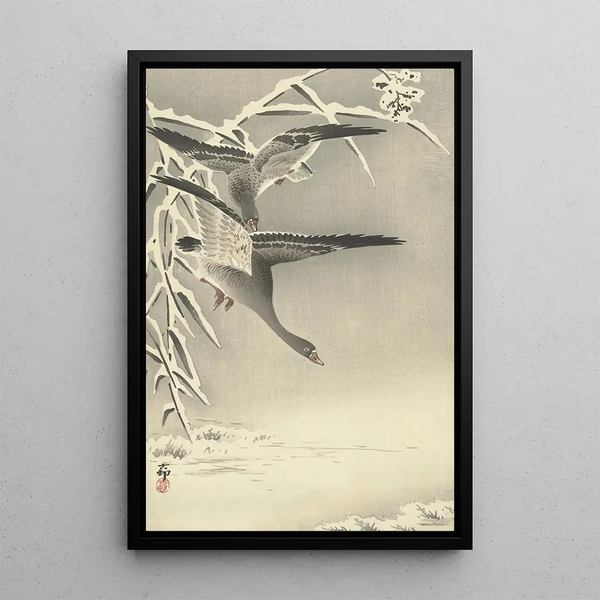 Due oche a front blanc in un paesaggio innevato - Ohara Koson — quadro incorniciato alla parete