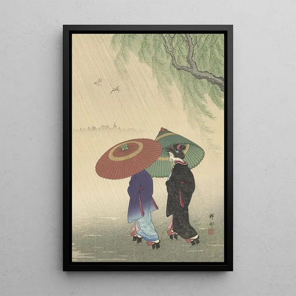 Due donne sotto la pioggia - Ohara Koson — quadro incorniciato alla parete