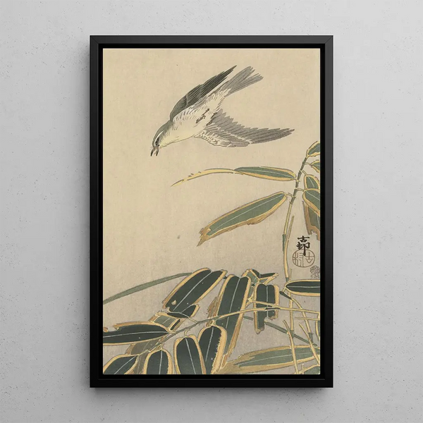 Traquet con bambù - Ohara Koson — quadro incorniciato alla parete