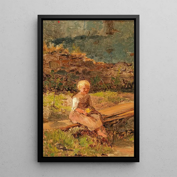 Bambino seduto su un ponte di legno - Olga Wisinger-Florian — quadro incorniciato alla parete