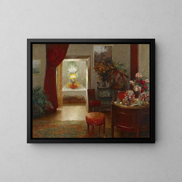 Interno con un tavolo apparecchiato per una festa - Olga Wisinger-Florian — quadro incorniciato alla parete