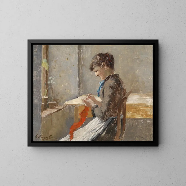 Donna che lavora a maglia alla finestra - Olga Wisinger-Florian — quadro incorniciato alla parete