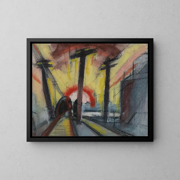Paesaggio urbano con ferrovie e il sole - Oscar Bluemner — quadro incorniciato alla parete