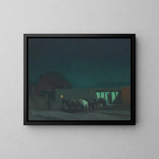 Cavalli vicino a un edificio in adobe alla luce della luna - Oscar Edmund Berninghaus — quadro incorniciato alla parete