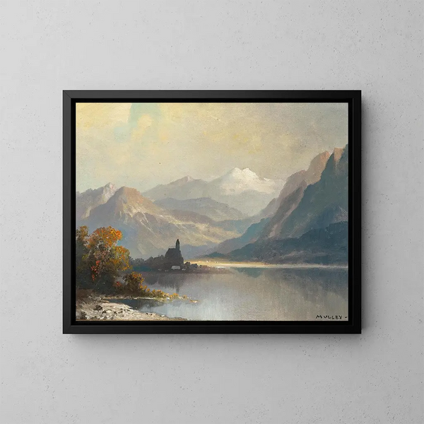 Un lago di montagna con una cappella - Oskar Mulley — quadro incorniciato alla parete