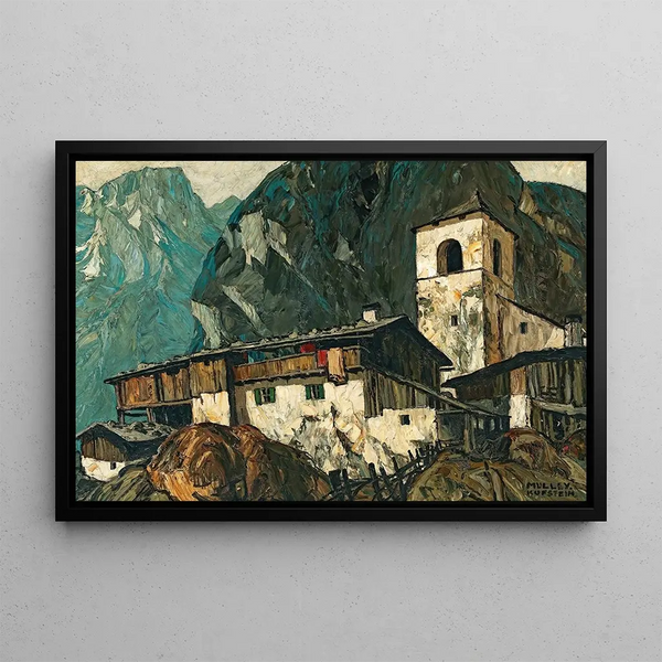 Chiesa di montagna e fattoria - Oskar Mulley — quadro incorniciato alla parete