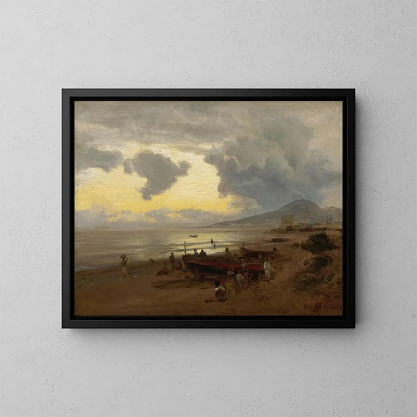 Tramonto sulla riva - Oswald Achenbach — quadro incorniciato alla parete