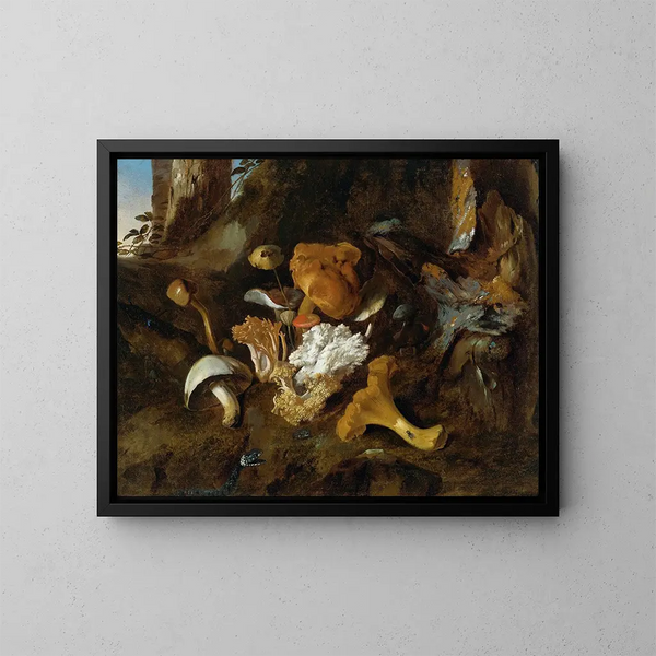 Natura morta di sottobosco con funghi, farfalle e un serpente - Otto Marseus van Schrieck — quadro incorniciato alla parete