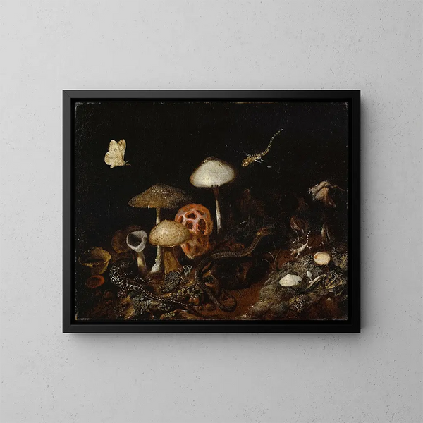 rettili, funghi e farfalle - Otto Marseus van Schrieck — quadro incorniciato alla parete