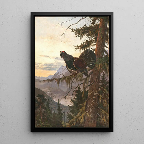 Grande gallo cedrone in parata al tramonto - Otto Recknagel — quadro incorniciato alla parete