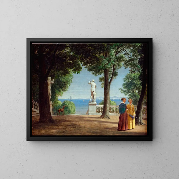 Vista su Kullen dalla terrazza di un giardino con statue - P. C. Skovgaard — quadro incorniciato alla parete