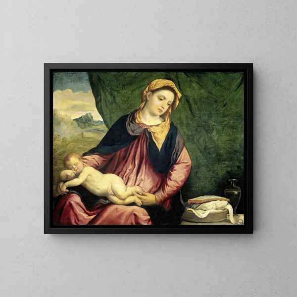 Madonna con Bambino Addormentato - Paris Bordone — quadro incorniciato alla parete