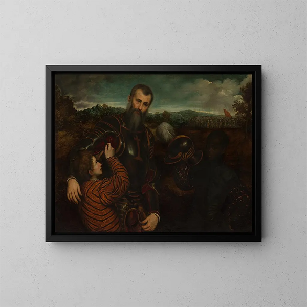 Ritratto di un uomo in armatura con due pagine - Parigi Bordone — quadro incorniciato alla parete