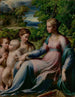 Vergine con Bambino e santi del Parmigianino — gruppo sacro in un paesaggio boscoso
