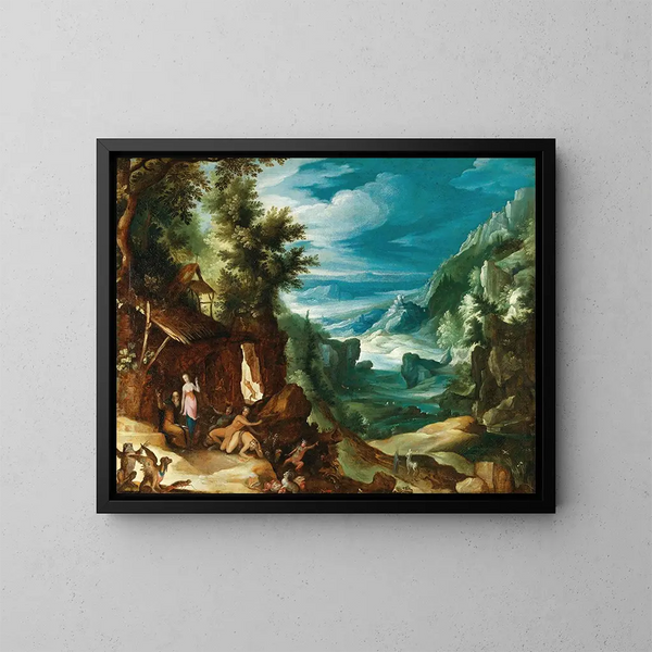 Paesaggio con la Tentazione di sant'Antonio - Paul Bril — quadro incorniciato alla parete