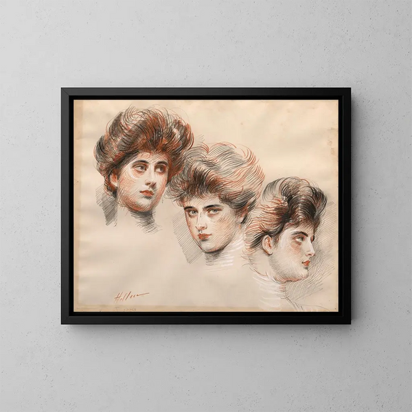 Ritratto di Yvonne Avolle frontale, di profilo destro e di profilo sinistro - Paul César Helleu — quadro incorniciato alla parete