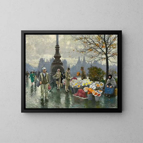Venditori di fiori sul ponte della regina Louise a Copenaghen - Paul Fischer — quadro incorniciato alla parete
